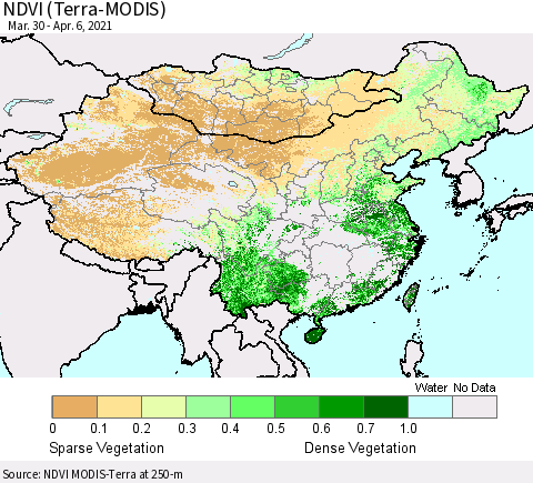 China, Mongolia and Taiwan NDVI (Terra-MODIS) Thematic Map For 3/30/2021 - 4/6/2021