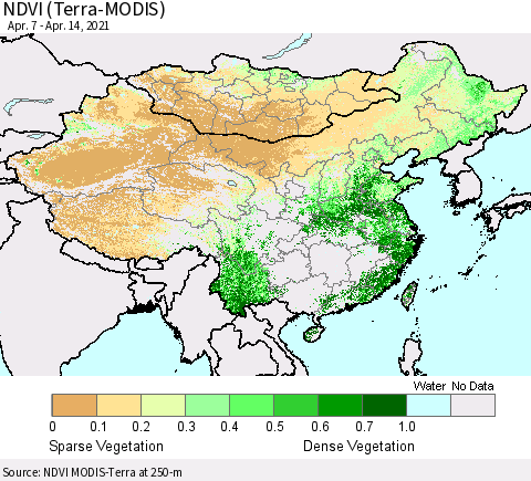 China, Mongolia and Taiwan NDVI (Terra-MODIS) Thematic Map For 4/7/2021 - 4/14/2021