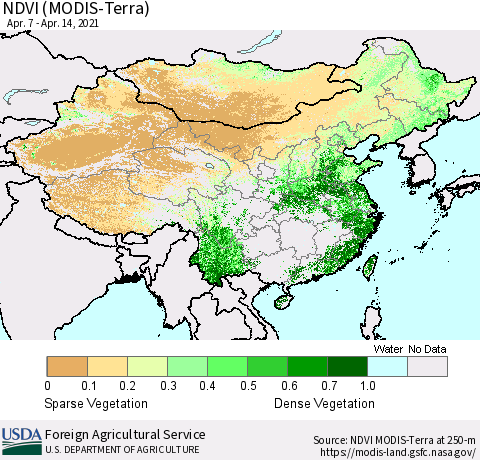China and Taiwan NDVI (Terra-MODIS) Thematic Map For 4/11/2021 - 4/20/2021