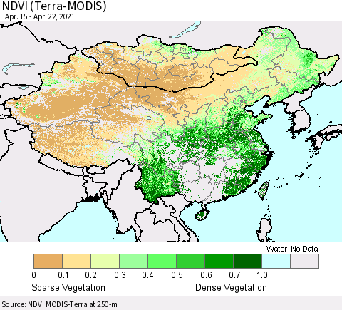 China, Mongolia and Taiwan NDVI (Terra-MODIS) Thematic Map For 4/15/2021 - 4/22/2021