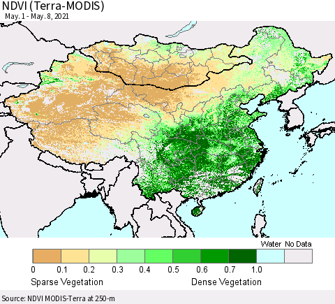 China, Mongolia and Taiwan NDVI (Terra-MODIS) Thematic Map For 5/1/2021 - 5/8/2021