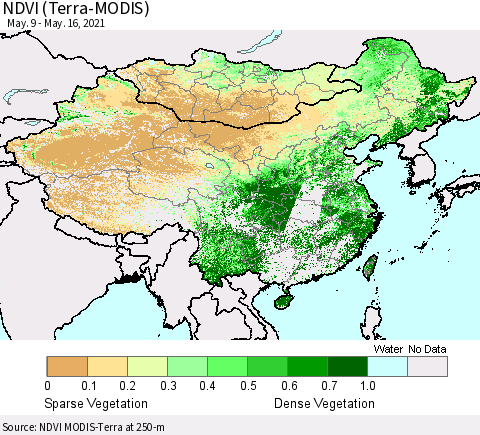 China, Mongolia and Taiwan NDVI (Terra-MODIS) Thematic Map For 5/9/2021 - 5/16/2021