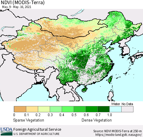China and Taiwan NDVI (Terra-MODIS) Thematic Map For 5/11/2021 - 5/20/2021