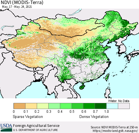 China and Taiwan NDVI (Terra-MODIS) Thematic Map For 5/21/2021 - 5/31/2021