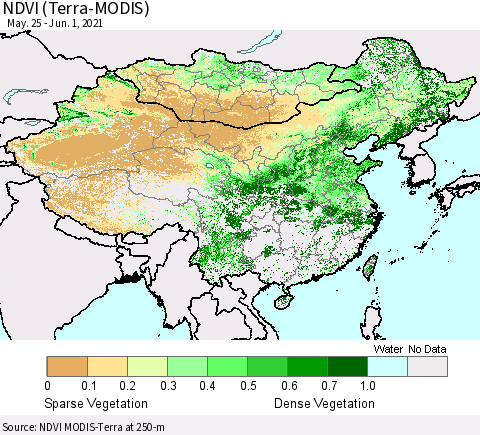 China, Mongolia and Taiwan NDVI (Terra-MODIS) Thematic Map For 5/25/2021 - 6/1/2021