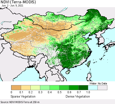 China, Mongolia and Taiwan NDVI (Terra-MODIS) Thematic Map For 6/2/2021 - 6/9/2021