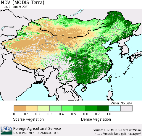 China and Taiwan NDVI (Terra-MODIS) Thematic Map For 6/1/2021 - 6/10/2021