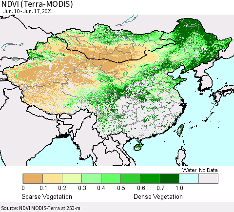 China, Mongolia and Taiwan NDVI (Terra-MODIS) Thematic Map For 6/10/2021 - 6/17/2021