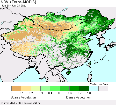 China, Mongolia and Taiwan NDVI (Terra-MODIS) Thematic Map For 6/18/2021 - 6/25/2021