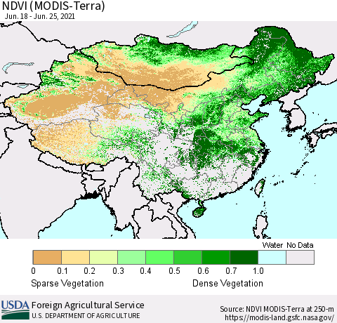 China and Taiwan NDVI (Terra-MODIS) Thematic Map For 6/21/2021 - 6/30/2021