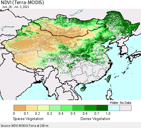 China, Mongolia and Taiwan NDVI (Terra-MODIS) Thematic Map For 6/26/2021 - 7/3/2021