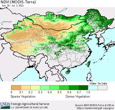 China and Taiwan NDVI (Terra-MODIS) Thematic Map For 7/1/2021 - 7/10/2021