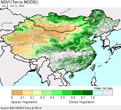 China, Mongolia and Taiwan NDVI (Terra-MODIS) Thematic Map For 7/4/2021 - 7/11/2021