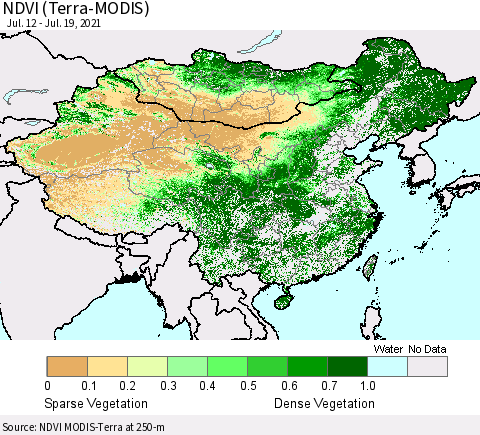 China, Mongolia and Taiwan NDVI (Terra-MODIS) Thematic Map For 7/12/2021 - 7/19/2021