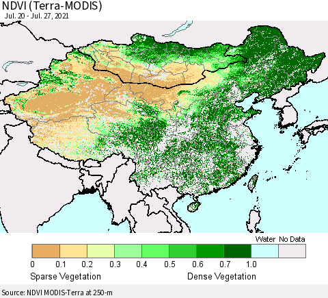 China, Mongolia and Taiwan NDVI (Terra-MODIS) Thematic Map For 7/20/2021 - 7/27/2021