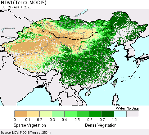 China, Mongolia and Taiwan NDVI (Terra-MODIS) Thematic Map For 7/28/2021 - 8/4/2021