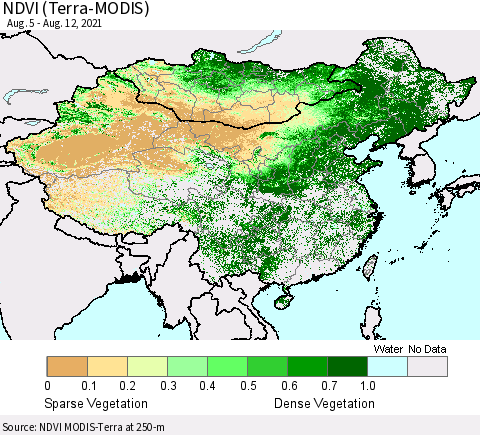 China, Mongolia and Taiwan NDVI (Terra-MODIS) Thematic Map For 8/5/2021 - 8/12/2021