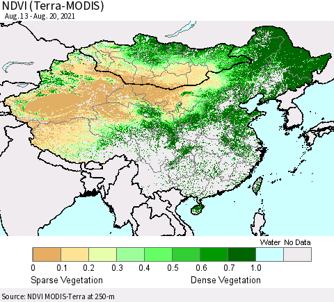 China and Taiwan NDVI (Terra-MODIS) Thematic Map For 8/11/2021 - 8/20/2021