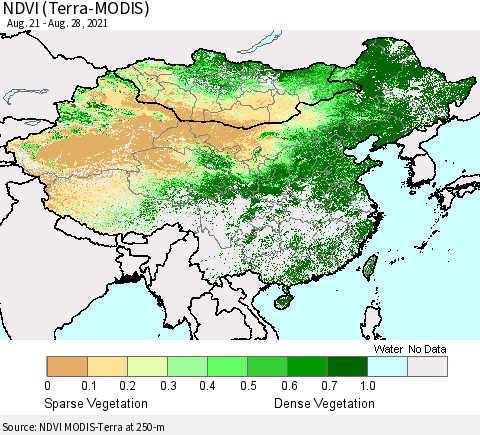 China, Mongolia and Taiwan NDVI (Terra-MODIS) Thematic Map For 8/21/2021 - 8/28/2021