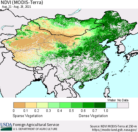 China and Taiwan NDVI (Terra-MODIS) Thematic Map For 8/21/2021 - 8/31/2021