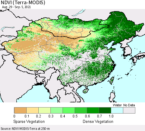 China, Mongolia and Taiwan NDVI (Terra-MODIS) Thematic Map For 8/29/2021 - 9/5/2021