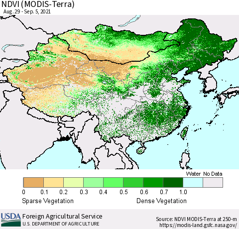 China and Taiwan NDVI (Terra-MODIS) Thematic Map For 9/1/2021 - 9/10/2021
