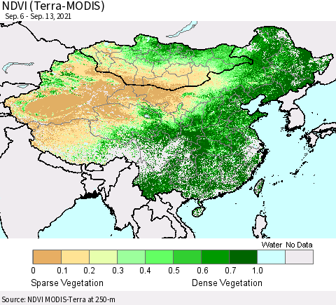China, Mongolia and Taiwan NDVI (Terra-MODIS) Thematic Map For 9/6/2021 - 9/13/2021