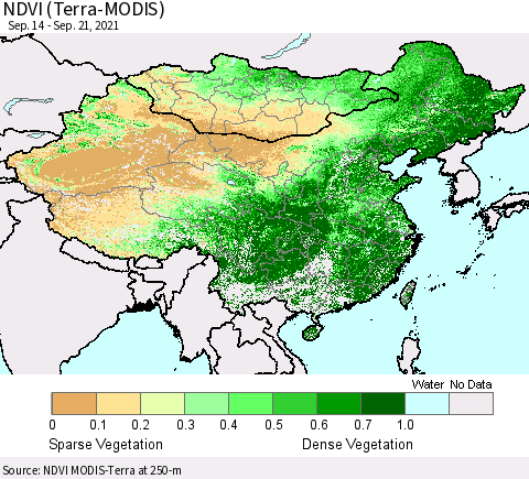 China, Mongolia and Taiwan NDVI (Terra-MODIS) Thematic Map For 9/14/2021 - 9/21/2021