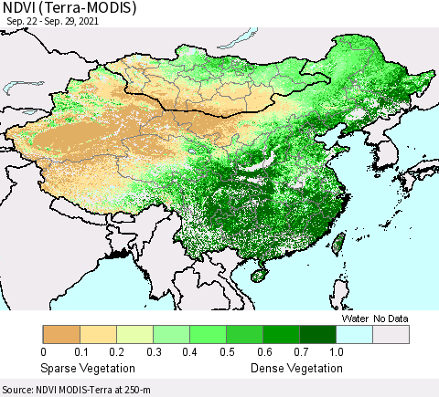 China, Mongolia and Taiwan NDVI (Terra-MODIS) Thematic Map For 9/22/2021 - 9/29/2021