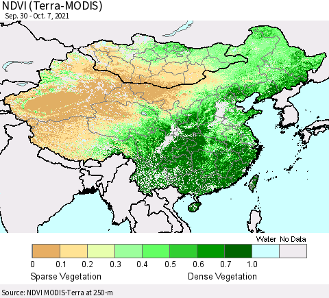 China, Mongolia and Taiwan NDVI (Terra-MODIS) Thematic Map For 9/30/2021 - 10/7/2021