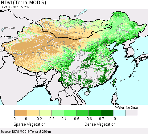 China, Mongolia and Taiwan NDVI (Terra-MODIS) Thematic Map For 10/8/2021 - 10/15/2021