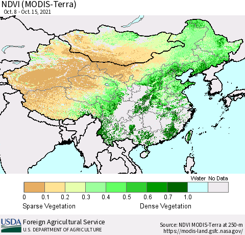 China and Taiwan NDVI (Terra-MODIS) Thematic Map For 10/11/2021 - 10/20/2021