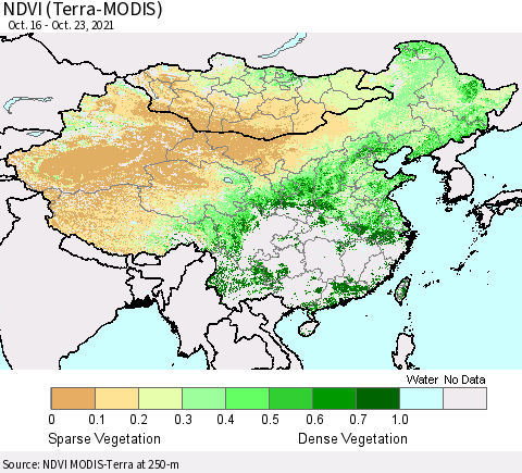 China, Mongolia and Taiwan NDVI (Terra-MODIS) Thematic Map For 10/16/2021 - 10/23/2021