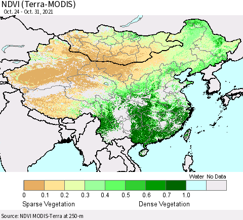 China and Taiwan NDVI (Terra-MODIS) Thematic Map For 10/21/2021 - 10/31/2021