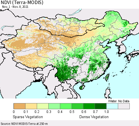 China, Mongolia and Taiwan NDVI (Terra-MODIS) Thematic Map For 11/1/2021 - 11/8/2021