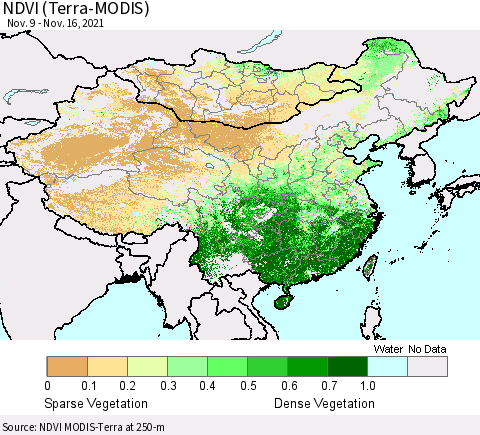 China, Mongolia and Taiwan NDVI (Terra-MODIS) Thematic Map For 11/9/2021 - 11/16/2021
