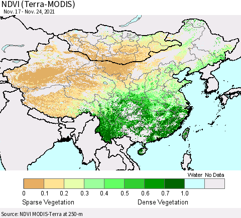 China, Mongolia and Taiwan NDVI (Terra-MODIS) Thematic Map For 11/17/2021 - 11/24/2021