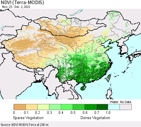 China, Mongolia and Taiwan NDVI (Terra-MODIS) Thematic Map For 11/25/2021 - 12/2/2021