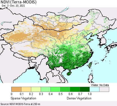 China, Mongolia and Taiwan NDVI (Terra-MODIS) Thematic Map For 12/3/2021 - 12/10/2021