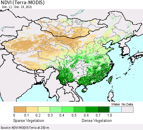 China, Mongolia and Taiwan NDVI (Terra-MODIS) Thematic Map For 12/11/2021 - 12/18/2021
