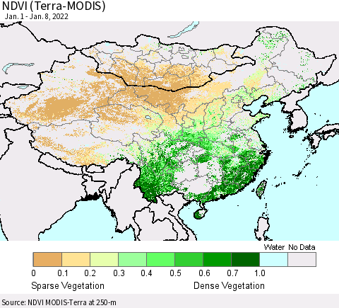 China, Mongolia and Taiwan NDVI (Terra-MODIS) Thematic Map For 1/1/2022 - 1/8/2022