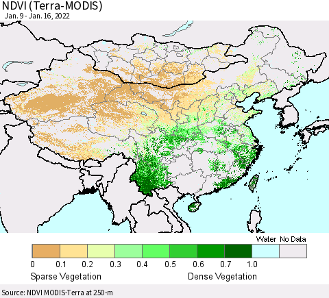 China, Mongolia and Taiwan NDVI (Terra-MODIS) Thematic Map For 1/9/2022 - 1/16/2022