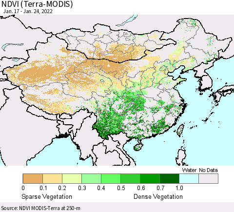 China, Mongolia and Taiwan NDVI (Terra-MODIS) Thematic Map For 1/17/2022 - 1/24/2022