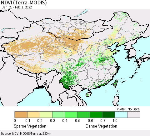 China, Mongolia and Taiwan NDVI (Terra-MODIS) Thematic Map For 1/25/2022 - 2/1/2022