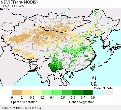 China, Mongolia and Taiwan NDVI (Terra-MODIS) Thematic Map For 2/2/2022 - 2/9/2022