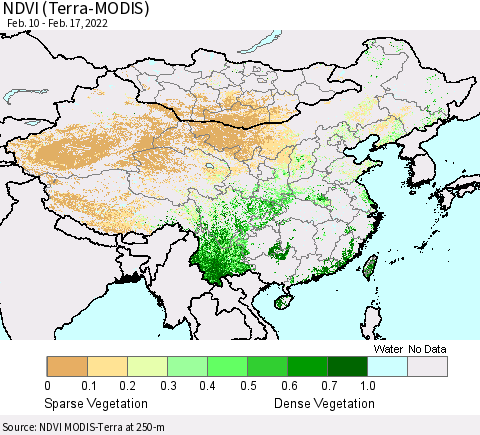 China, Mongolia and Taiwan NDVI (Terra-MODIS) Thematic Map For 2/10/2022 - 2/17/2022