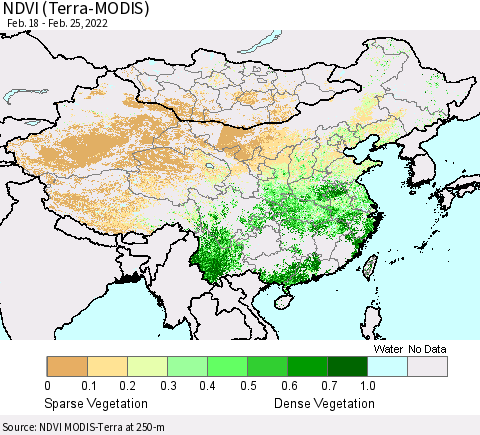 China, Mongolia and Taiwan NDVI (Terra-MODIS) Thematic Map For 2/18/2022 - 2/25/2022