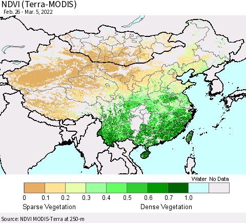 China, Mongolia and Taiwan NDVI (Terra-MODIS) Thematic Map For 2/26/2022 - 3/5/2022