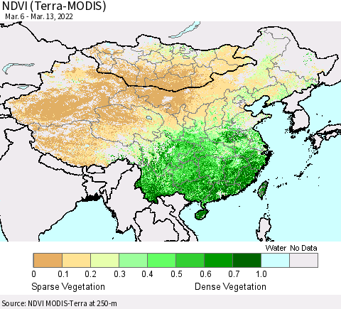 China, Mongolia and Taiwan NDVI (Terra-MODIS) Thematic Map For 3/6/2022 - 3/13/2022
