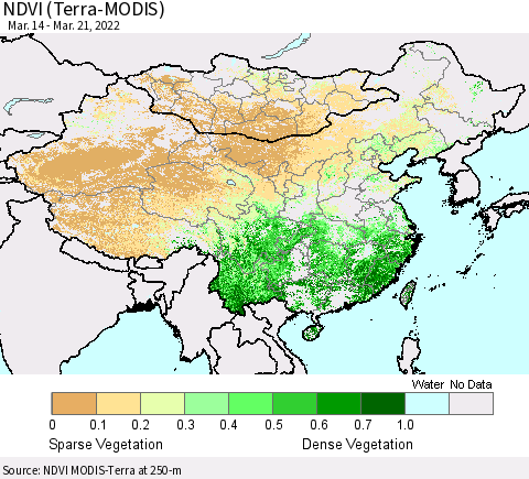 China, Mongolia and Taiwan NDVI (Terra-MODIS) Thematic Map For 3/14/2022 - 3/21/2022